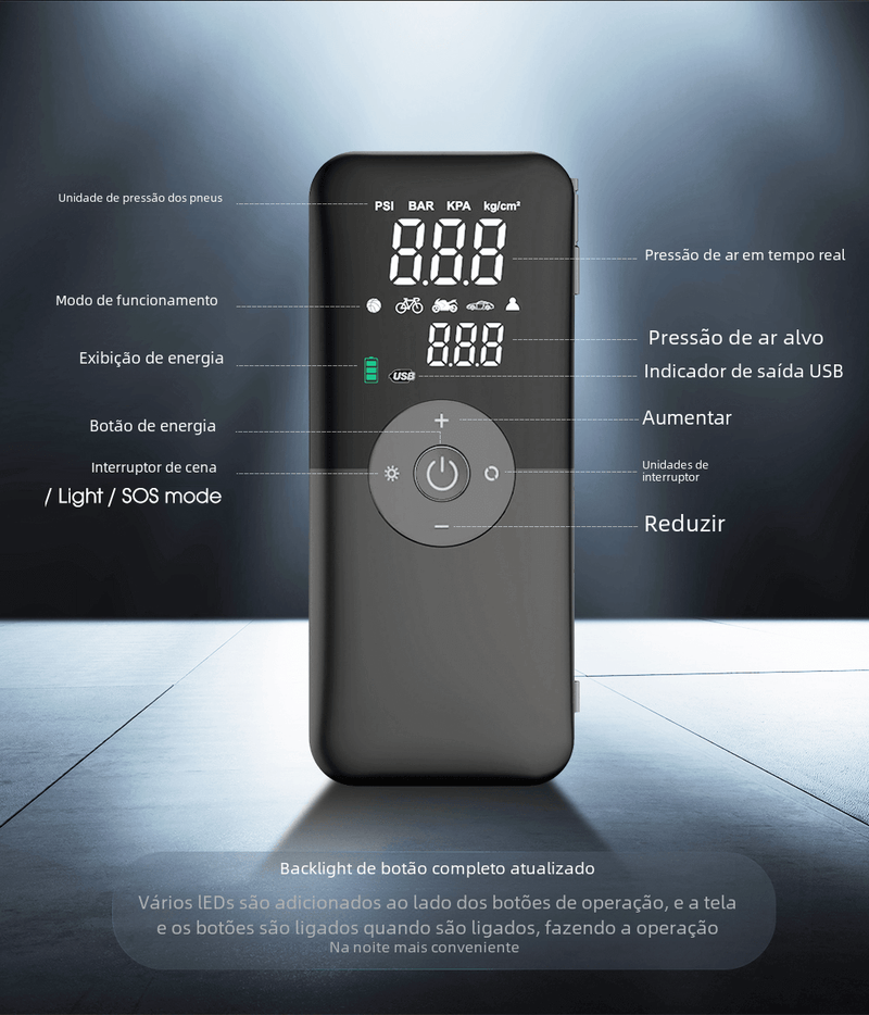 Bomba de ar recarregável para encher pneus, compressor portátil, digital, sem fio, enche pneus de carro e moto, bicicletas e bolas