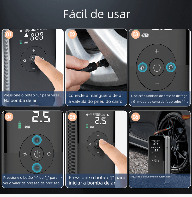 Bomba de ar recarregável para encher pneus, compressor portátil, digital, sem fio, enche pneus de carro e moto, bicicletas e bolas